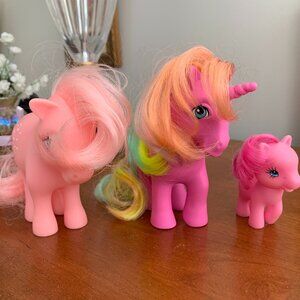 3 Adorable Vintage MY LITTLE PONIES, light pink and bright pink